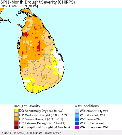 Sri Lanka SPI 1-Month Drought Severity (CHIRPS) Thematic Map For 3/11/2024 - 4/10/2024