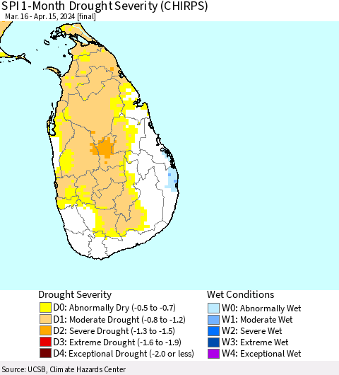 Sri Lanka SPI 1-Month Drought Severity (CHIRPS) Thematic Map For 3/16/2024 - 4/15/2024