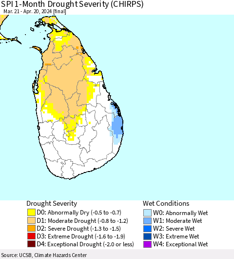Sri Lanka SPI 1-Month Drought Severity (CHIRPS) Thematic Map For 3/21/2024 - 4/20/2024