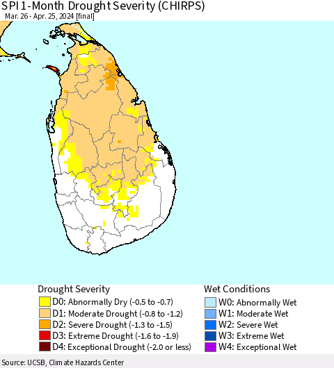 Sri Lanka SPI 1-Month Drought Severity (CHIRPS) Thematic Map For 3/26/2024 - 4/25/2024