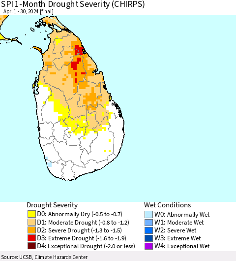 Sri Lanka SPI 1-Month Drought Severity (CHIRPS) Thematic Map For 4/1/2024 - 4/30/2024