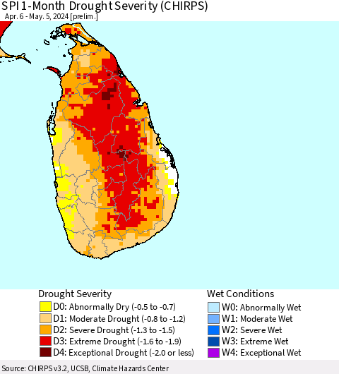 Sri Lanka SPI 1-Month Drought Severity (CHIRPS) Thematic Map For 4/6/2024 - 5/5/2024