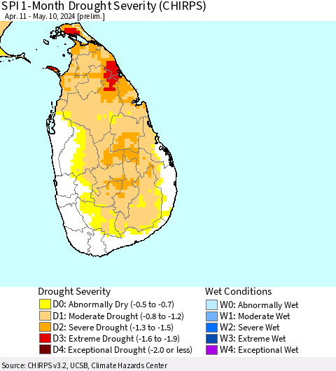 Sri Lanka SPI 1-Month Drought Severity (CHIRPS) Thematic Map For 4/11/2024 - 5/10/2024