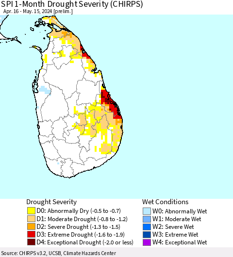 Sri Lanka SPI 1-Month Drought Severity (CHIRPS) Thematic Map For 4/16/2024 - 5/15/2024
