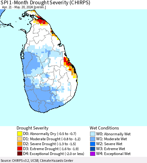 Sri Lanka SPI 1-Month Drought Severity (CHIRPS) Thematic Map For 4/21/2024 - 5/20/2024