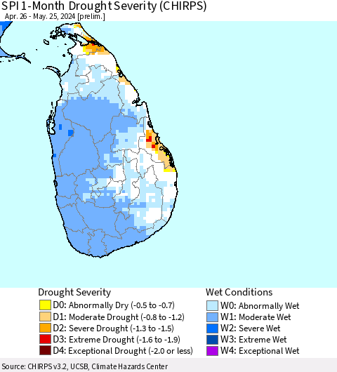 Sri Lanka SPI 1-Month Drought Severity (CHIRPS) Thematic Map For 4/26/2024 - 5/25/2024