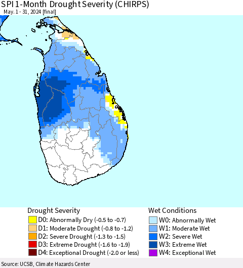 Sri Lanka SPI 1-Month Drought Severity (CHIRPS) Thematic Map For 5/1/2024 - 5/31/2024
