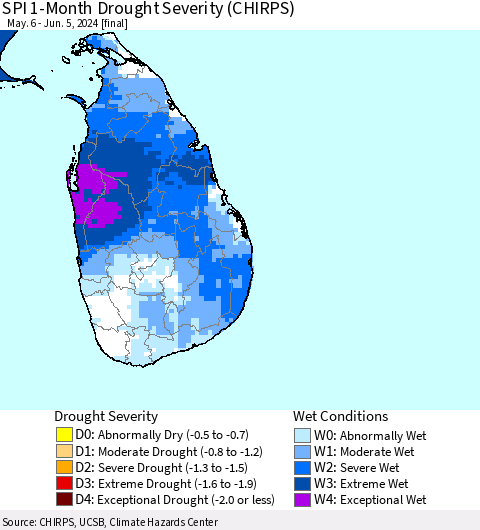 Sri Lanka SPI 1-Month Drought Severity (CHIRPS) Thematic Map For 5/6/2024 - 6/5/2024