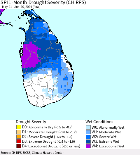 Sri Lanka SPI 1-Month Drought Severity (CHIRPS) Thematic Map For 5/11/2024 - 6/10/2024