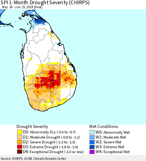 Sri Lanka SPI 1-Month Drought Severity (CHIRPS) Thematic Map For 5/26/2024 - 6/25/2024
