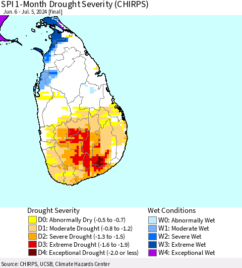 Sri Lanka SPI 1-Month Drought Severity (CHIRPS) Thematic Map For 6/6/2024 - 7/5/2024