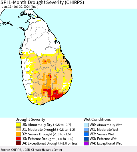 Sri Lanka SPI 1-Month Drought Severity (CHIRPS) Thematic Map For 6/11/2024 - 7/10/2024