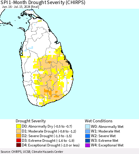 Sri Lanka SPI 1-Month Drought Severity (CHIRPS) Thematic Map For 6/16/2024 - 7/15/2024