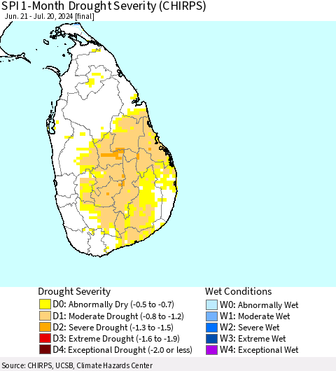Sri Lanka SPI 1-Month Drought Severity (CHIRPS) Thematic Map For 6/21/2024 - 7/20/2024