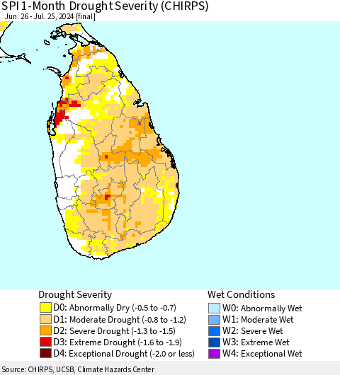 Sri Lanka SPI 1-Month Drought Severity (CHIRPS) Thematic Map For 6/26/2024 - 7/25/2024