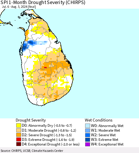Sri Lanka SPI 1-Month Drought Severity (CHIRPS) Thematic Map For 7/6/2024 - 8/5/2024