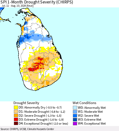 Sri Lanka SPI 1-Month Drought Severity (CHIRPS) Thematic Map For 7/11/2024 - 8/10/2024