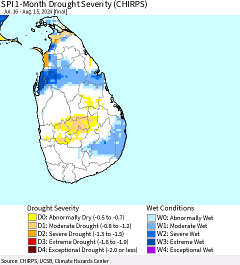 Sri Lanka SPI 1-Month Drought Severity (CHIRPS) Thematic Map For 7/16/2024 - 8/15/2024
