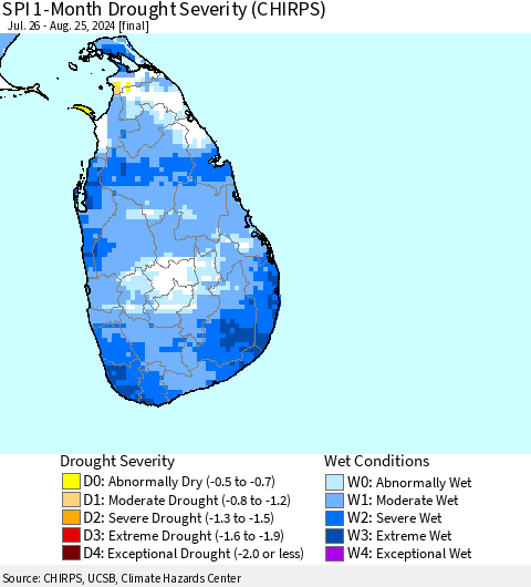 Sri Lanka SPI 1-Month Drought Severity (CHIRPS) Thematic Map For 7/26/2024 - 8/25/2024