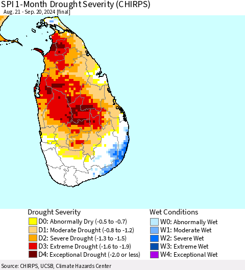 Sri Lanka SPI 1-Month Drought Severity (CHIRPS) Thematic Map For 8/21/2024 - 9/20/2024