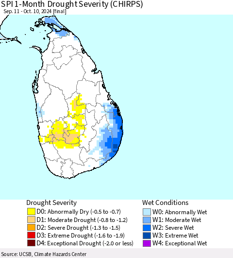 Sri Lanka SPI 1-Month Drought Severity (CHIRPS) Thematic Map For 9/11/2024 - 10/10/2024