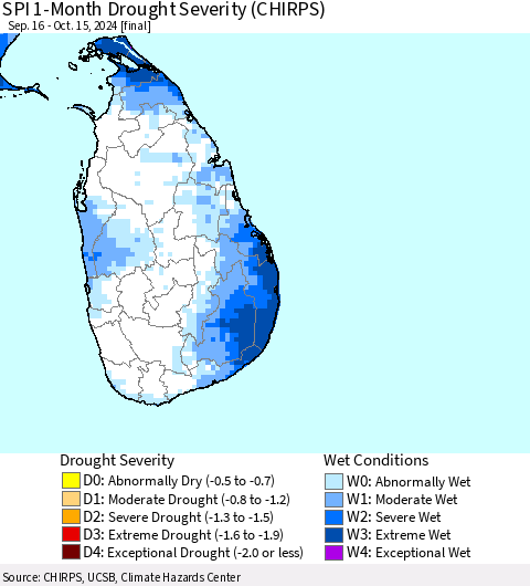 Sri Lanka SPI 1-Month Drought Severity (CHIRPS) Thematic Map For 9/16/2024 - 10/15/2024