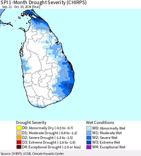 Sri Lanka SPI 1-Month Drought Severity (CHIRPS) Thematic Map For 9/21/2024 - 10/20/2024