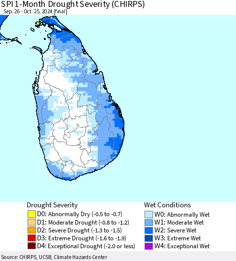 Sri Lanka SPI 1-Month Drought Severity (CHIRPS) Thematic Map For 9/26/2024 - 10/25/2024