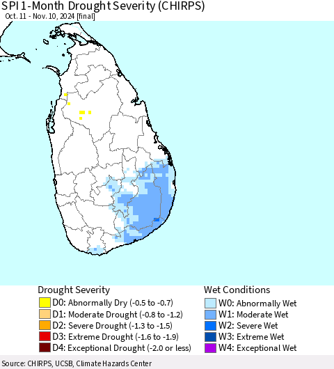 Sri Lanka SPI 1-Month Drought Severity (CHIRPS) Thematic Map For 10/11/2024 - 11/10/2024