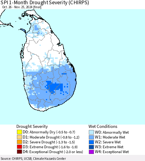Sri Lanka SPI 1-Month Drought Severity (CHIRPS) Thematic Map For 10/26/2024 - 11/25/2024