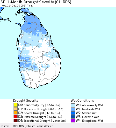 Sri Lanka SPI 1-Month Drought Severity (CHIRPS) Thematic Map For 11/11/2024 - 12/10/2024