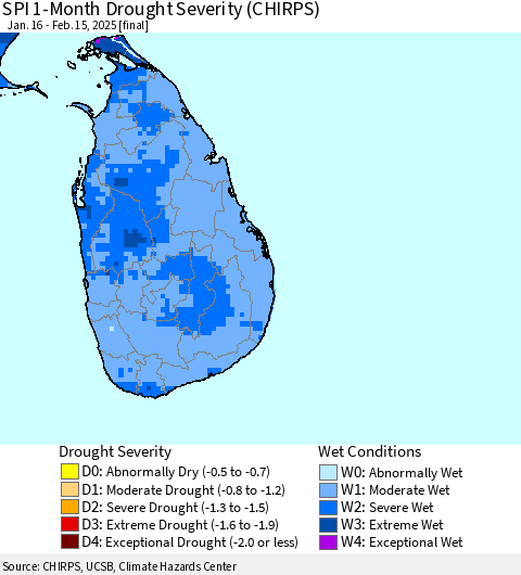Sri Lanka SPI 1-Month Drought Severity (CHIRPS) Thematic Map For 1/16/2025 - 2/15/2025