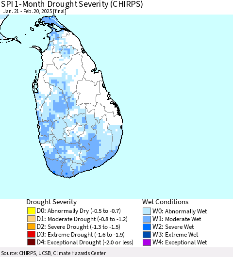Sri Lanka SPI 1-Month Drought Severity (CHIRPS) Thematic Map For 1/21/2025 - 2/20/2025