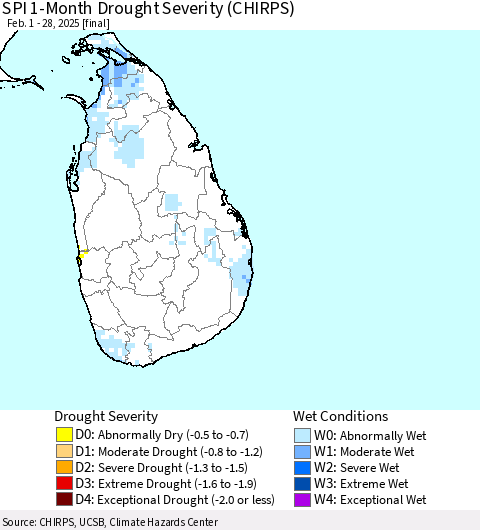 Sri Lanka SPI 1-Month Drought Severity (CHIRPS) Thematic Map For 2/1/2025 - 2/28/2025