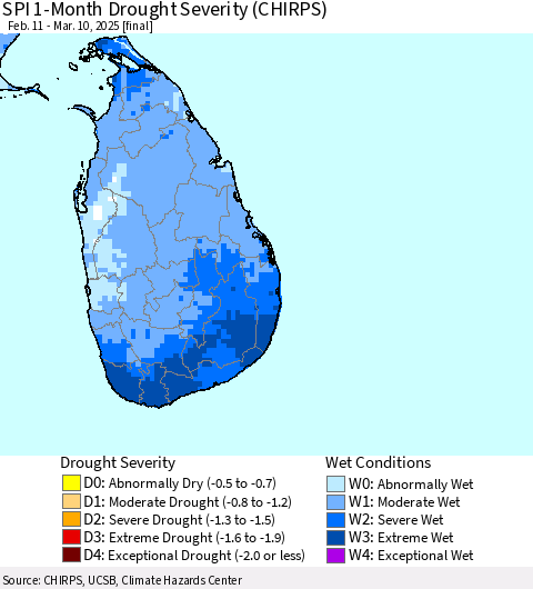 Sri Lanka SPI 1-Month Drought Severity (CHIRPS) Thematic Map For 2/11/2025 - 3/10/2025