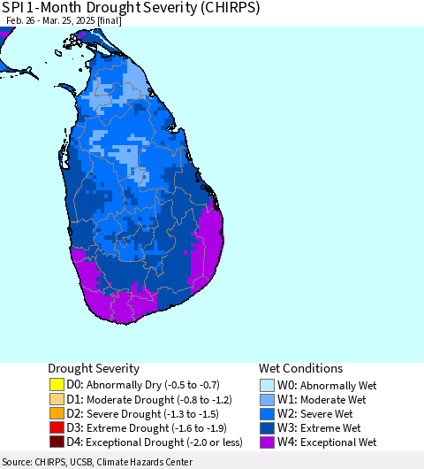 Sri Lanka SPI 1-Month Drought Severity (CHIRPS) Thematic Map For 2/26/2025 - 3/25/2025