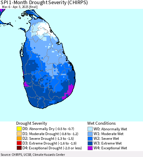 Sri Lanka SPI 1-Month Drought Severity (CHIRPS) Thematic Map For 3/6/2025 - 4/5/2025