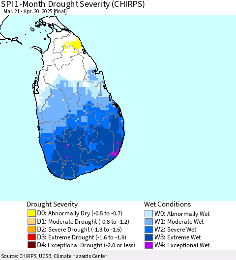 Sri Lanka SPI 1-Month Drought Severity (CHIRPS) Thematic Map For 3/21/2025 - 4/20/2025
