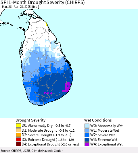 Sri Lanka SPI 1-Month Drought Severity (CHIRPS) Thematic Map For 3/26/2025 - 4/25/2025
