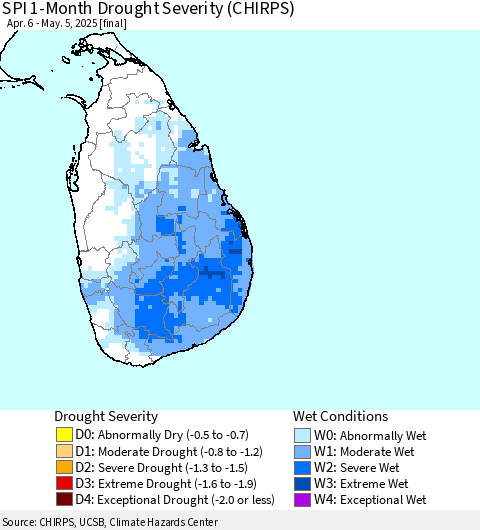 Sri Lanka SPI 1-Month Drought Severity (CHIRPS) Thematic Map For 4/6/2025 - 5/5/2025