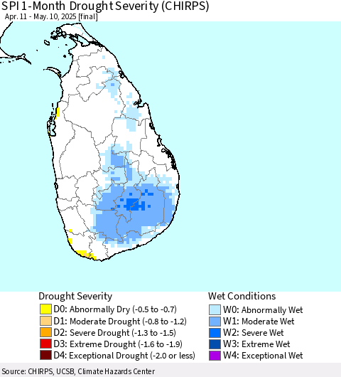 Sri Lanka SPI 1-Month Drought Severity (CHIRPS) Thematic Map For 4/11/2025 - 5/10/2025