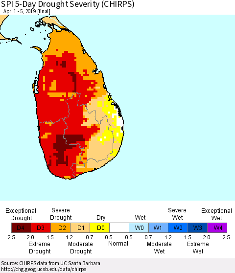 Sri Lanka SPI 5-Day Drought Severity (CHIRPS) Thematic Map For 4/1/2019 - 4/5/2019