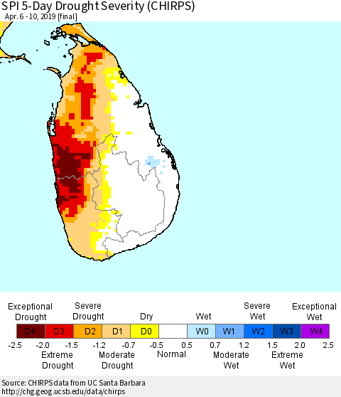 Sri Lanka SPI 5-Day Drought Severity (CHIRPS) Thematic Map For 4/6/2019 - 4/10/2019