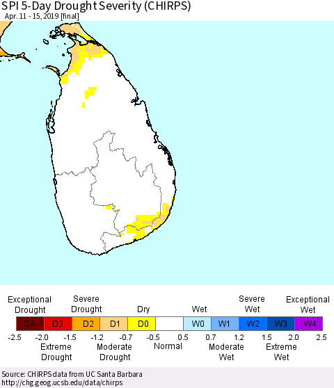 Sri Lanka SPI 5-Day Drought Severity (CHIRPS) Thematic Map For 4/11/2019 - 4/15/2019