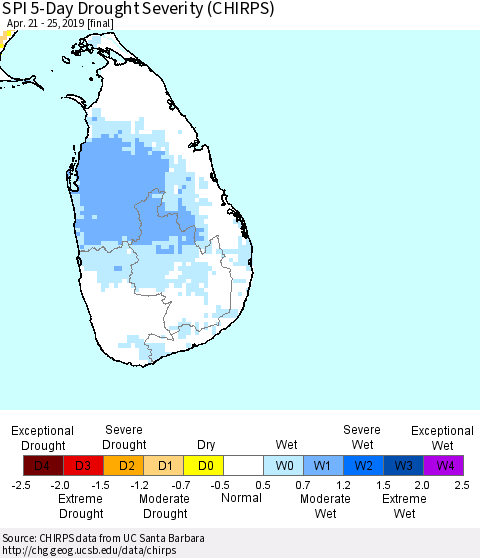 Sri Lanka SPI 5-Day Drought Severity (CHIRPS) Thematic Map For 4/21/2019 - 4/25/2019