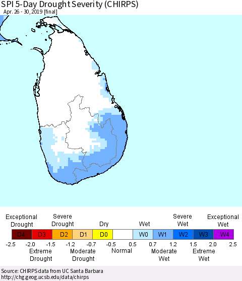 Sri Lanka SPI 5-Day Drought Severity (CHIRPS) Thematic Map For 4/26/2019 - 4/30/2019