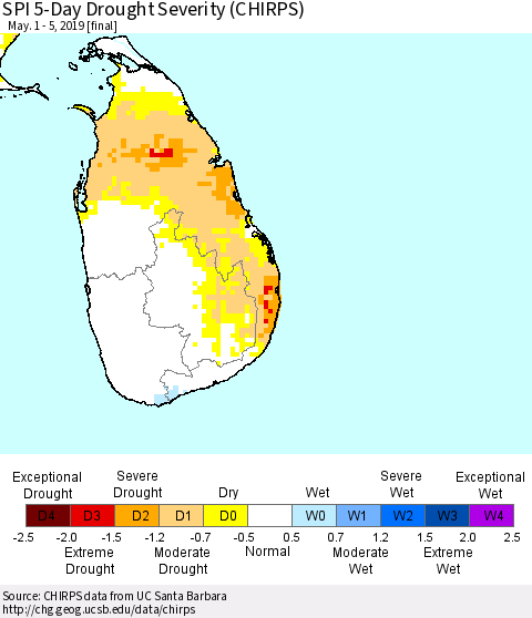 Sri Lanka SPI 5-Day Drought Severity (CHIRPS) Thematic Map For 5/1/2019 - 5/5/2019