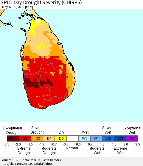 Sri Lanka SPI 5-Day Drought Severity (CHIRPS) Thematic Map For 5/6/2019 - 5/10/2019