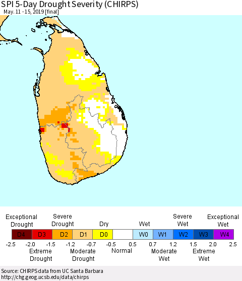 Sri Lanka SPI 5-Day Drought Severity (CHIRPS) Thematic Map For 5/11/2019 - 5/15/2019