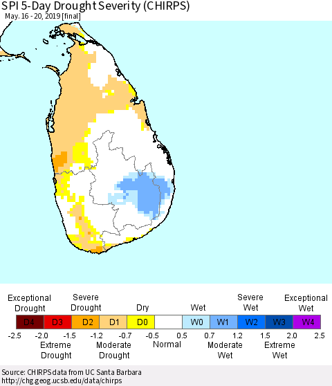 Sri Lanka SPI 5-Day Drought Severity (CHIRPS) Thematic Map For 5/16/2019 - 5/20/2019